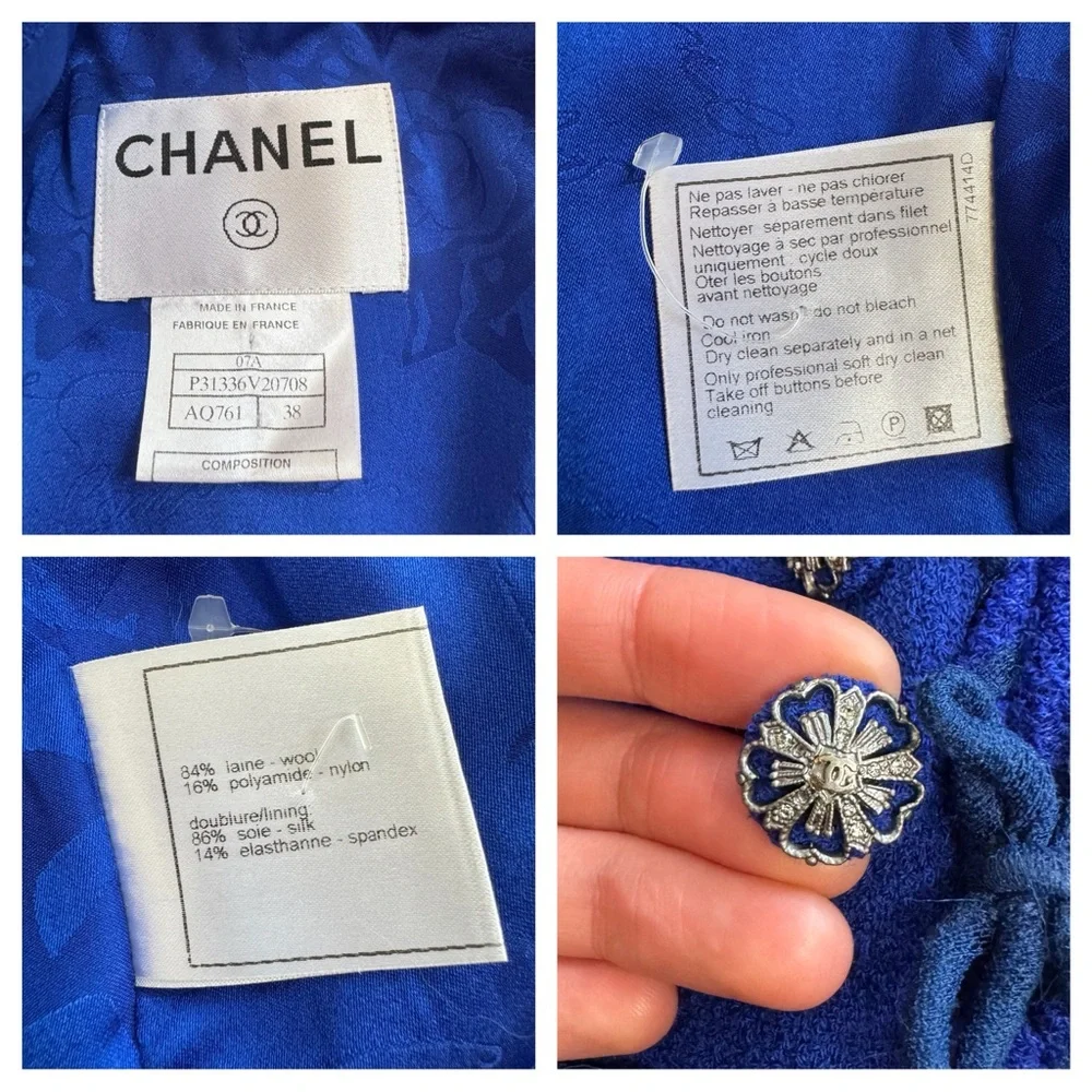 Chanel Métiers d’Art 2007 “Paris–Londres” Royal Blue Wool Jacket Camellia Brooch